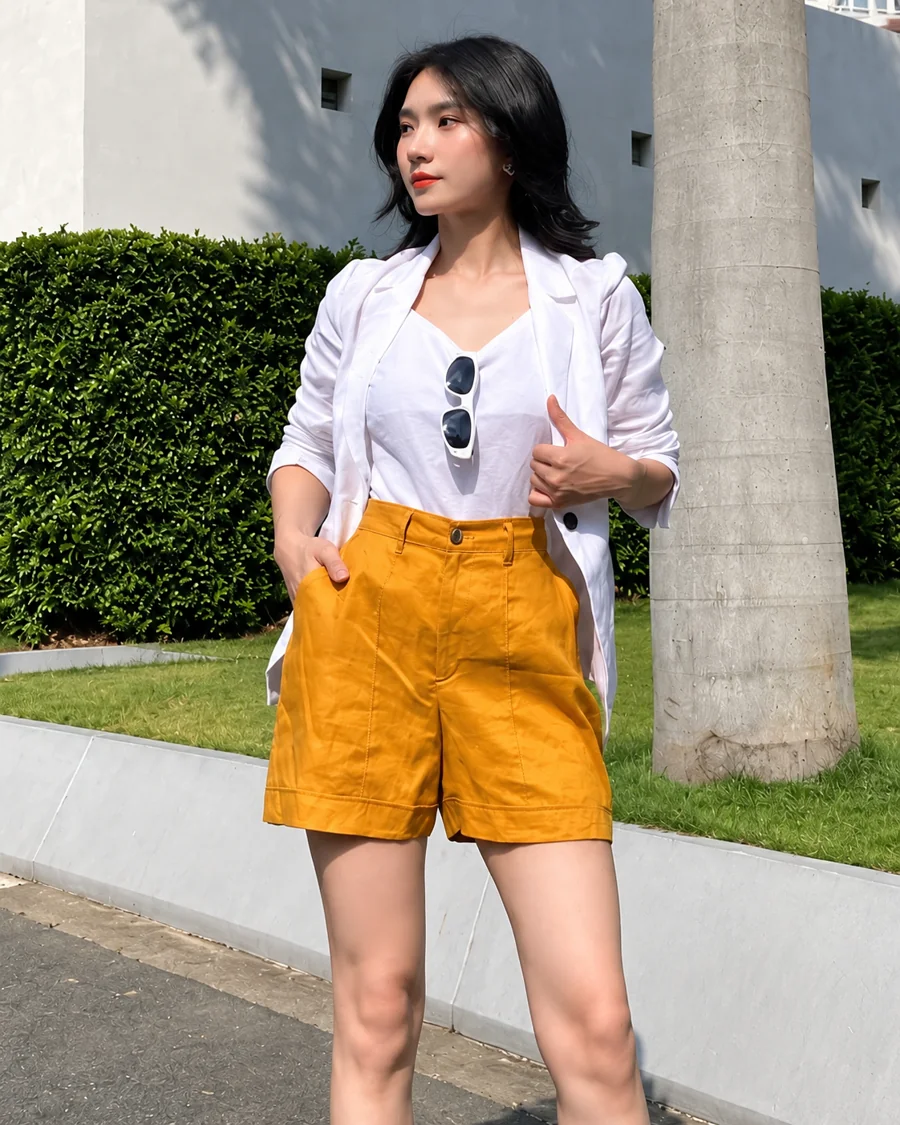 Thời trang nữ Lichi: áo trắng phối quần short vàng